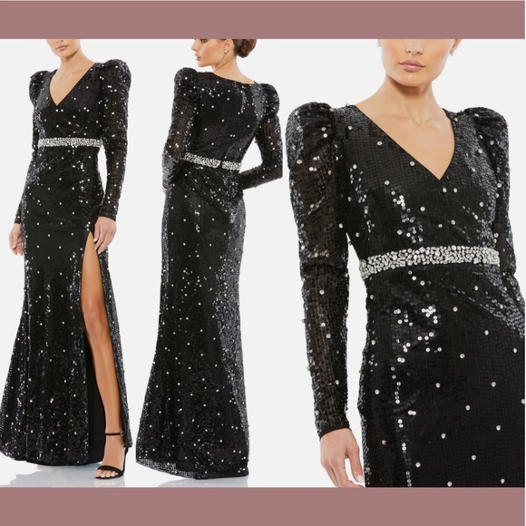 NWT $598 Mac Duggal [ 14 ] Sequined Faux Wrap Puff Sleeve Trumpet‎ Gown Black - Picture 1 of 14